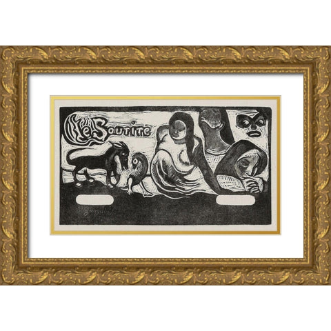 Three People, a Mask, a Fox and a Bird, headpiece for Le sourire Gold Ornate Wood Framed Art Print with Double Matting by Gauguin, Paul