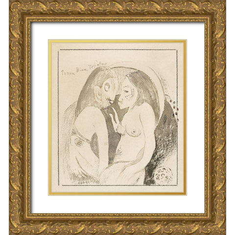 Words between Goddess of the Moon and God of the Earth (Parau Hina Tefatou) Gold Ornate Wood Framed Art Print with Double Matting by Gauguin, Paul