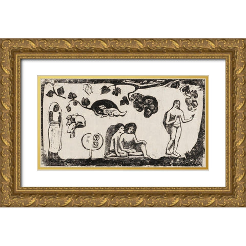 Women, Animals, and Foliage, from the Suite of Late Wood-Block Prints Gold Ornate Wood Framed Art Print with Double Matting by Gauguin, Paul