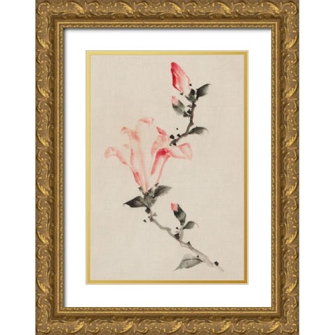 Large Pink Blossom on a Stem with Three Additional Buds Gold Ornate Wood Framed Art Print with Double Matting by Hokusai, Katsushika