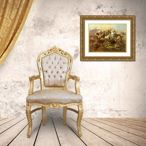 Indian Fight Gold Ornate Wood Framed Art Print with Double Matting by Russell, Charles Marion