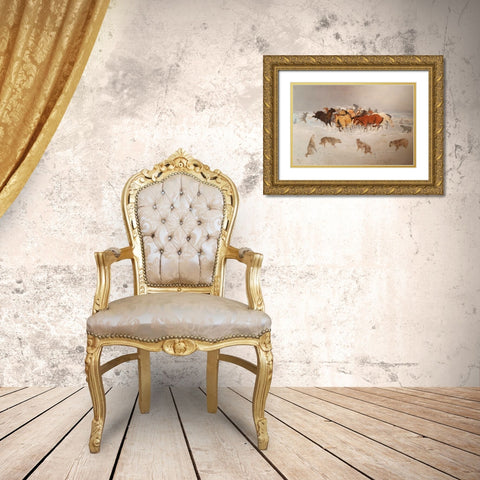 Flying hoofs Gold Ornate Wood Framed Art Print with Double Matting by Russell, Charles Marion