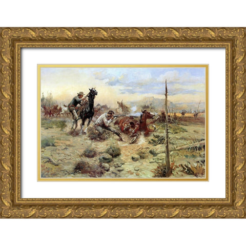 When Horseflesh Comes High Gold Ornate Wood Framed Art Print with Double Matting by Russell, Charles Marion