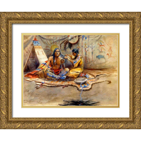 Indian Beauty Parlor Gold Ornate Wood Framed Art Print with Double Matting by Russell, Charles Marion