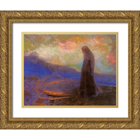 Reflection Gold Ornate Wood Framed Art Print with Double Matting by Redon, Odilon