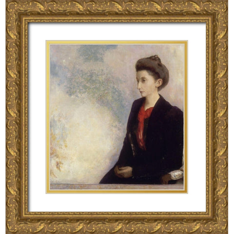 BaronessÂ Robert de Domecy Gold Ornate Wood Framed Art Print with Double Matting by Redon, Odilon