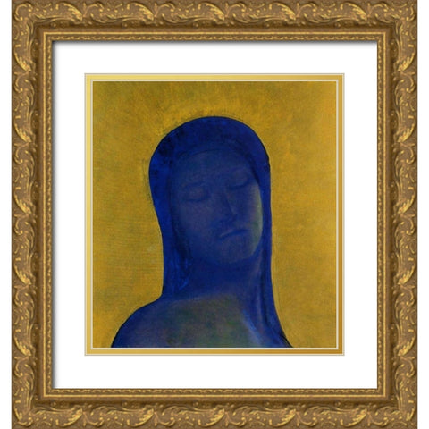 Closed Eyes Blue Gold Ornate Wood Framed Art Print with Double Matting by Redon, Odilon