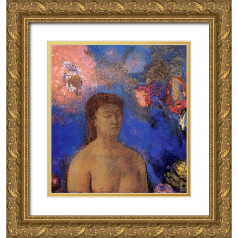 Closed Eyes Blue Background Gold Ornate Wood Framed Art Print with Double Matting by Redon, Odilon