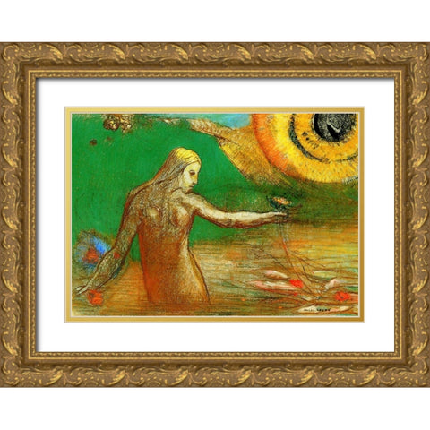 Flower of Blood Gold Ornate Wood Framed Art Print with Double Matting by Redon, Odilon