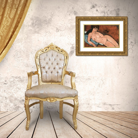 Nude on a Blue Cushion Gold Ornate Wood Framed Art Print with Double Matting by Modigliani, Amedeo