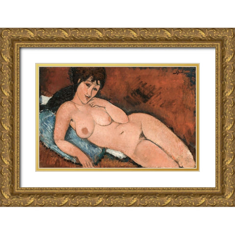 Nude on a Blue Cushion Gold Ornate Wood Framed Art Print with Double Matting by Modigliani, Amedeo