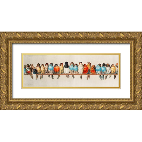A Perch of Birds Gold Ornate Wood Framed Art Print with Double Matting by Vintage Illustration