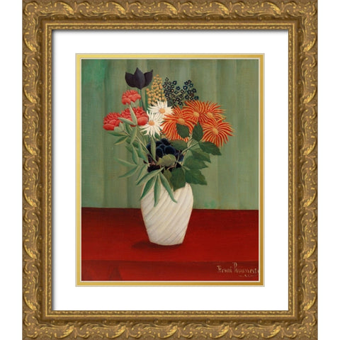 Bouquet of Flowers with China Asters and Tokyos Gold Ornate Wood Framed Art Print with Double Matting by Rousseau, Henri