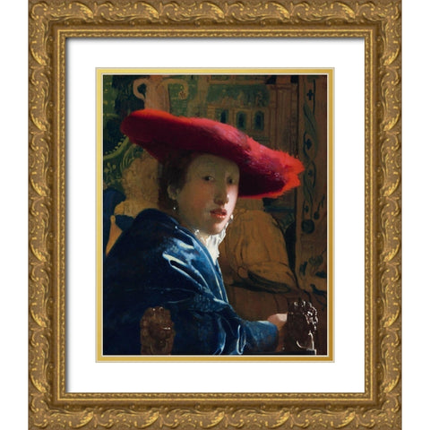 Girl with the Red Hat Gold Ornate Wood Framed Art Print with Double Matting by Vermeer, Johannes