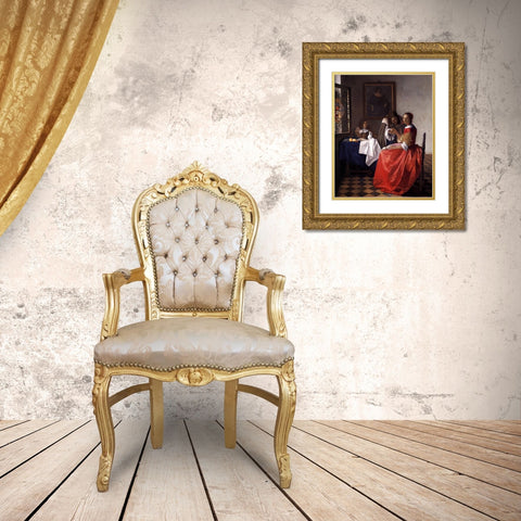 A Lady and Two Gentlemen Gold Ornate Wood Framed Art Print with Double Matting by Vermeer, Johannes