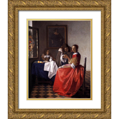 A Lady and Two Gentlemen Gold Ornate Wood Framed Art Print with Double Matting by Vermeer, Johannes
