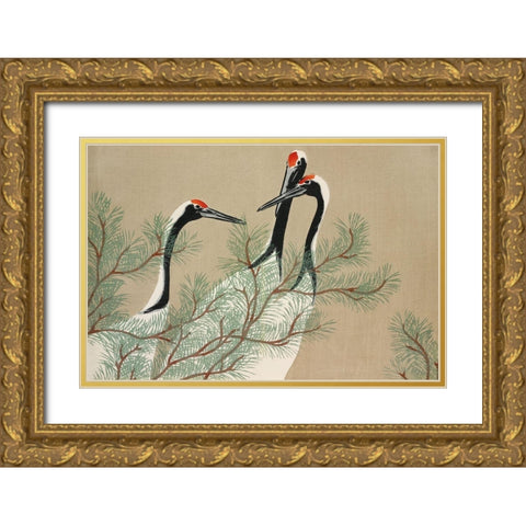 Cranes from Momoyogusa Gold Ornate Wood Framed Art Print with Double Matting by Sekka, Kamisaka