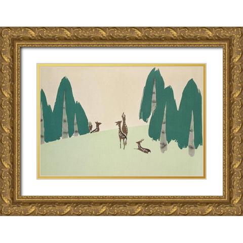 Deer from Momoyogusa Gold Ornate Wood Framed Art Print with Double Matting by Sekka, Kamisaka