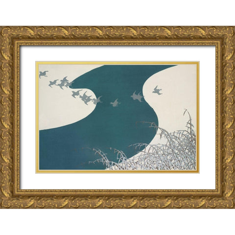 Birds from Momoyogusa Gold Ornate Wood Framed Art Print with Double Matting by Sekka, Kamisaka