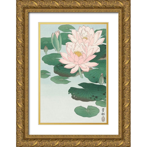 Water Lily Gold Ornate Wood Framed Art Print with Double Matting by Koson, Ohara