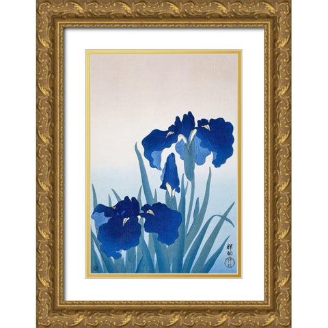 Iris flowers Gold Ornate Wood Framed Art Print with Double Matting by Koson, Ohara