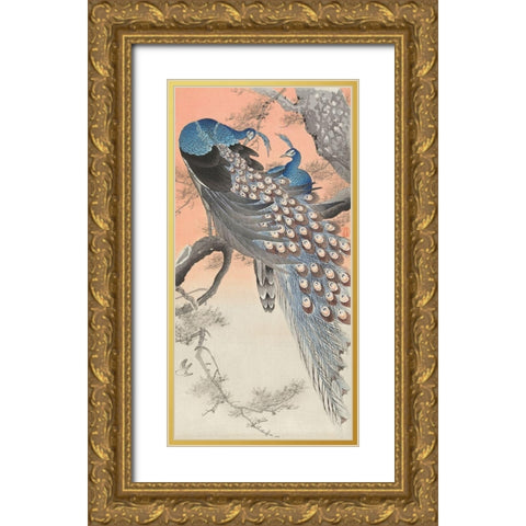 Two peacocks on tree branch Gold Ornate Wood Framed Art Print with Double Matting by Koson, Ohara