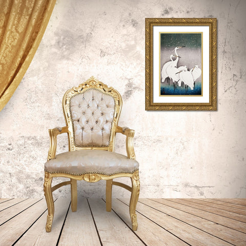 Group of Egrets Gold Ornate Wood Framed Art Print with Double Matting by Koson, Ohara