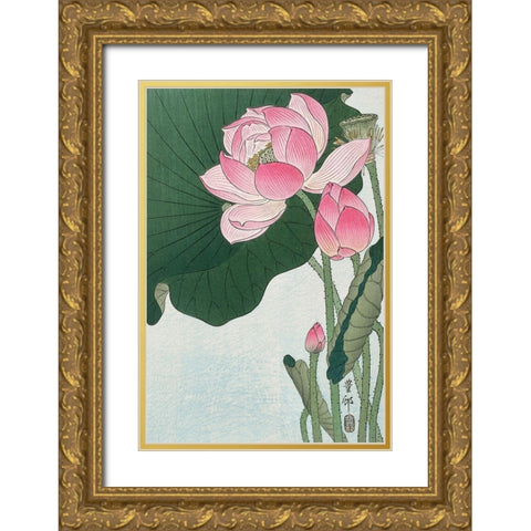 Blooming lotus flowers Gold Ornate Wood Framed Art Print with Double Matting by Koson, Ohara