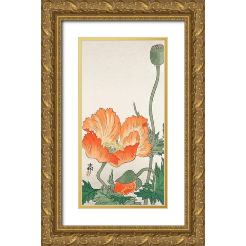Orange Poppy Gold Ornate Wood Framed Art Print with Double Matting by Koson, Ohara