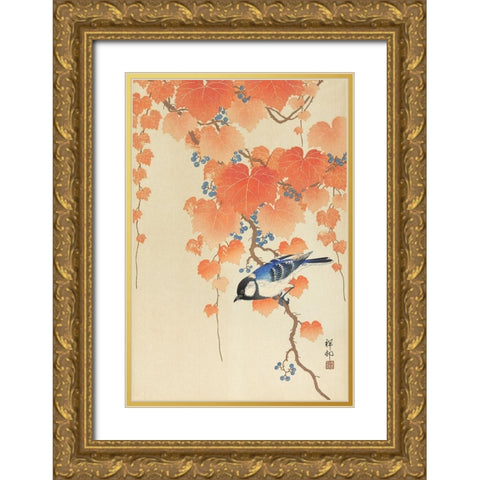 Great tit on paulownia branch Gold Ornate Wood Framed Art Print with Double Matting by Koson, Ohara