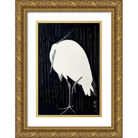 Egret in the rain Gold Ornate Wood Framed Art Print with Double Matting by Koson, Ohara