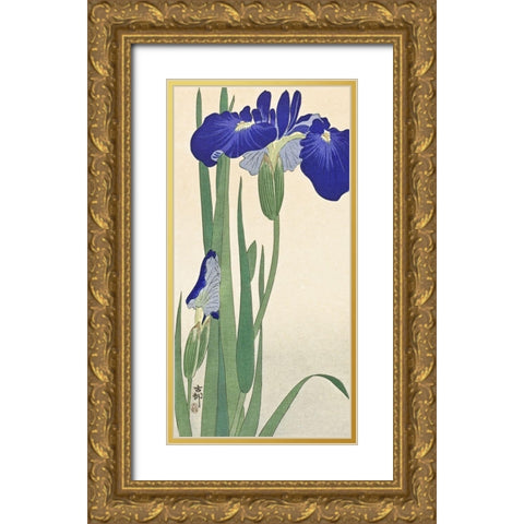 Blue Irises Gold Ornate Wood Framed Art Print with Double Matting by Koson, Ohara