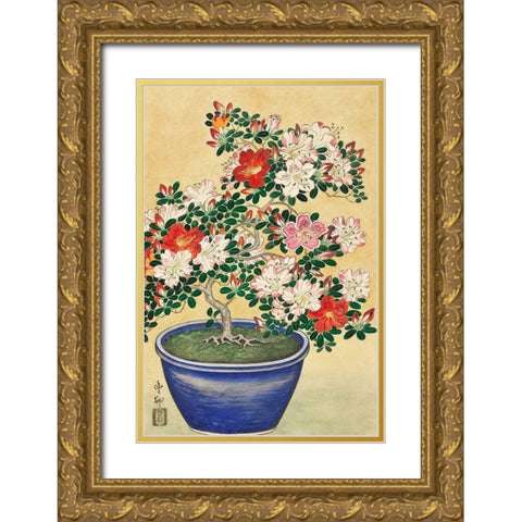 Blooming azalea in blue pot Gold Ornate Wood Framed Art Print with Double Matting by Koson, Ohara