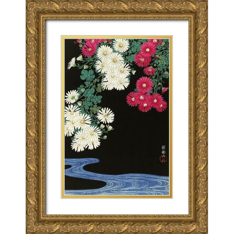 Chrysanthemums Gold Ornate Wood Framed Art Print with Double Matting by Koson, Ohara