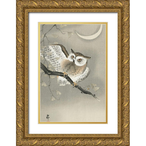 Long-eared owl in ginkgo Gold Ornate Wood Framed Art Print with Double Matting by Koson, Ohara