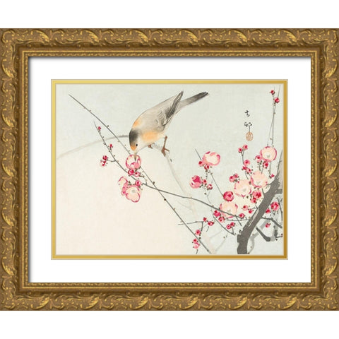 Songbird on blossom branch Gold Ornate Wood Framed Art Print with Double Matting by Koson, Ohara