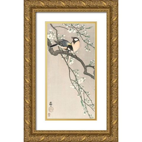 Tits on Cherry BranchÂ  Gold Ornate Wood Framed Art Print with Double Matting by Koson, Ohara