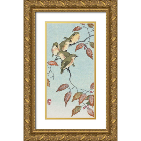 Birds on a branch Gold Ornate Wood Framed Art Print with Double Matting by Koson, Ohara