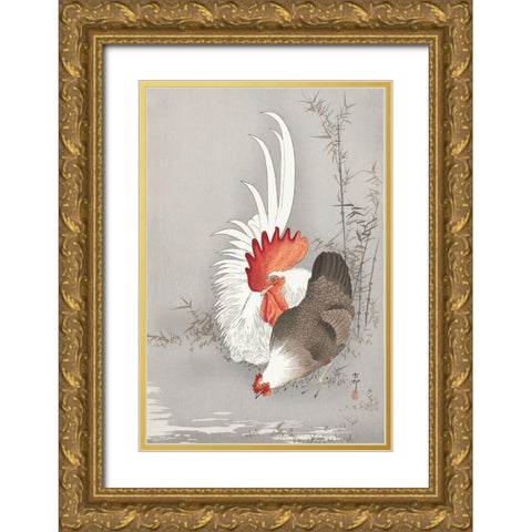 Rooster and chicken Gold Ornate Wood Framed Art Print with Double Matting by Koson, Ohara