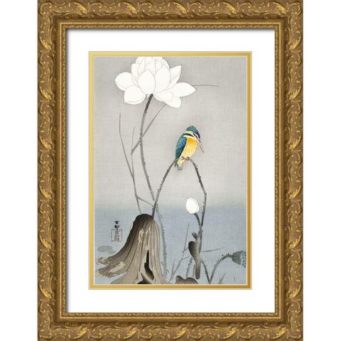 Kingfisher with Lotus Flower Gold Ornate Wood Framed Art Print with Double Matting by Koson, Ohara