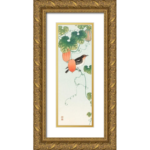 Songbird in cucumber plant Gold Ornate Wood Framed Art Print with Double Matting by Koson, Ohara