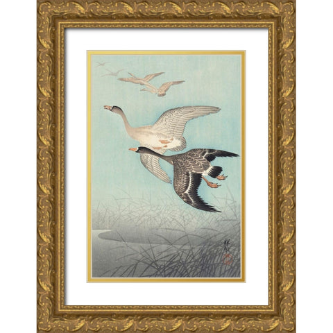 Great geese in flight Gold Ornate Wood Framed Art Print with Double Matting by Koson, Ohara