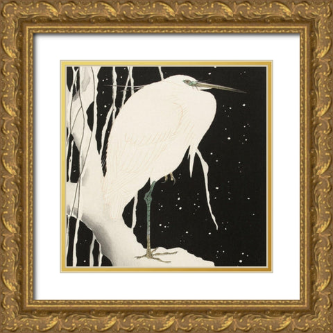 Heron in snow Gold Ornate Wood Framed Art Print with Double Matting by Koson, Ohara