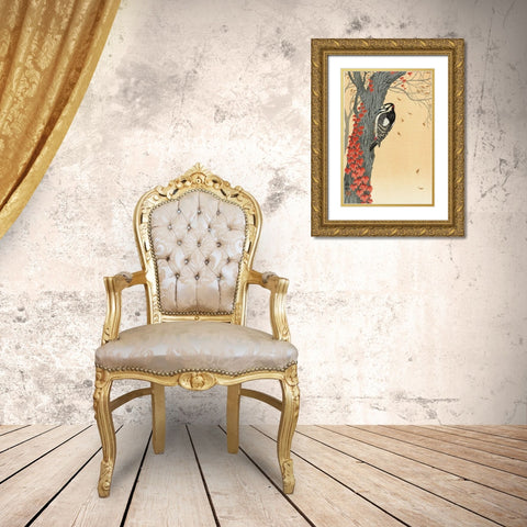 Great spotted woodpecker in tree with red ivy Gold Ornate Wood Framed Art Print with Double Matting by Koson, Ohara