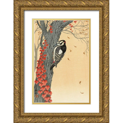Great spotted woodpecker in tree with red ivy Gold Ornate Wood Framed Art Print with Double Matting by Koson, Ohara