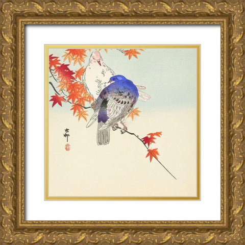 Two pigeons on autumn branch Gold Ornate Wood Framed Art Print with Double Matting by Koson, Ohara