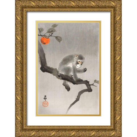 Monkey in cockatoo Gold Ornate Wood Framed Art Print with Double Matting by Koson, Ohara