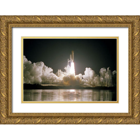 The Space Shuttle Discovery Launch 1999 Gold Ornate Wood Framed Art Print with Double Matting by NASA
