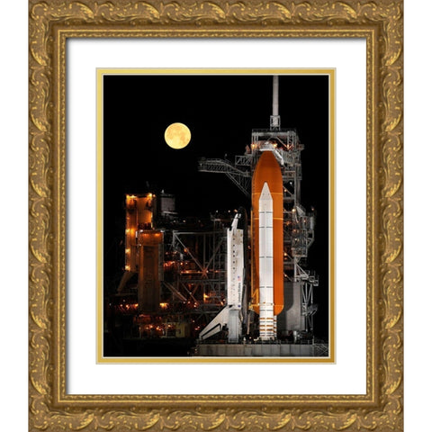 Shuttle Discovery With Moon Gold Ornate Wood Framed Art Print with Double Matting by NASA