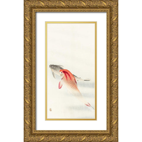 Two carp Gold Ornate Wood Framed Art Print with Double Matting by Koson, Ohara